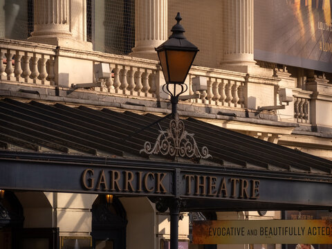 LONDON, UK - JANUARY 27, 2024:  Sign outside Garrick Theatre on Charing Cross Road