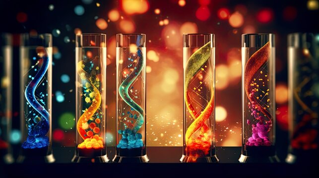 DNA hologram on contemporary business center exterior background, biotechnology and genetic concept. Multiexposure. physics, biology