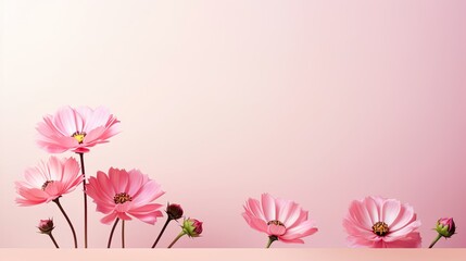 Close up pink cosmos flower in the meadow isolated on pink background with copy space. Floral border and frame for springtime or summer season. Banner style.