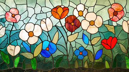 Stained glass colorful Spring Flowers beautiful background as wallpaper illustration, Stained glass spring decoration, Spring flowers wallpaper, Luxury and artistic background