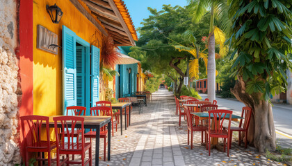 Fototapeta na wymiar Caribbean street cafe with the tropical design style with colourful walls. 