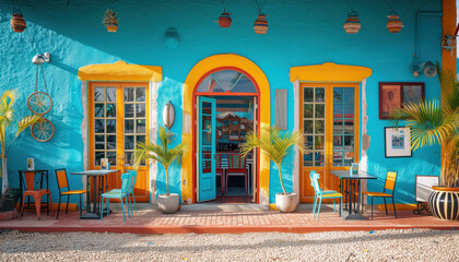 Caribbean street cafe with the tropical design style with colourful walls. 