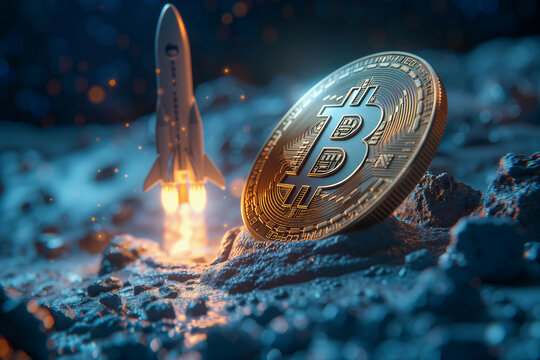 Bitcoin with rocket rising up to the moon. Bitcoin sign and fire. Digital electronic currency. Cryptocurrency trading.