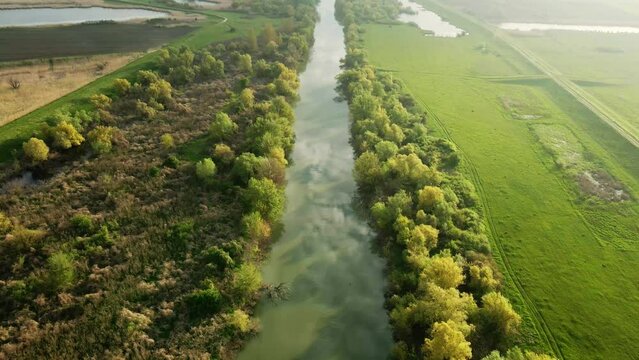 Reflection of blue sky and clouds on a surface of a river Timis in Serbia