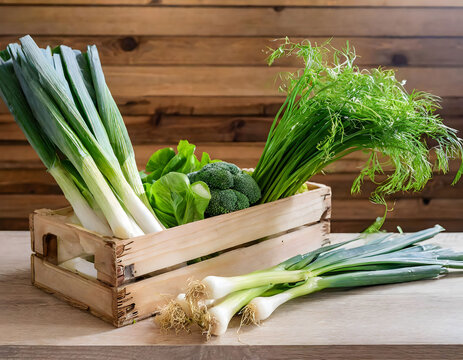 Assortment of Fresh Green Vegetables in a Rustic Wooden Crate