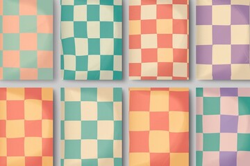 Colorful trendy checker board square seamless pattern collection. Set of geometric pastel square...