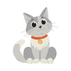 A cute smiling kitten in a collar. The cat is sitting with folded paws. A flat cartoon vector illustration isolated on a white background.