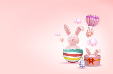 Easter bunny with colorful Easter eggs. Happy Easter holiday concept,
 minimalistic style, 3d vector. Space for copying.