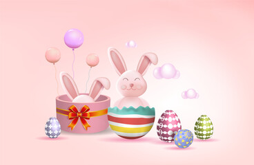Easter bunny with colorful Easter eggs. Happy Easter holiday concept,
 minimalistic style, 3d vector. Space for copying.
