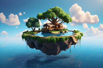 3d floating island with tree house