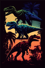 Vector Collection of Colorful Dinosaur Silhouettes: Diplodocus, Tyrannosaurus, Velociraptor, Stegosaurus, Triceratops, Pterodactyl, Brachiosaurus, Allosaurus, and More