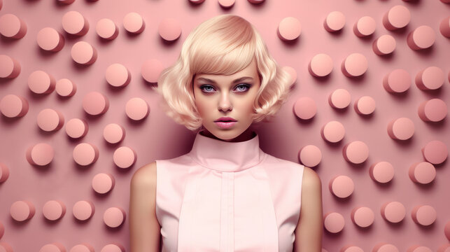 Fashion model with blond hair and abstract pink colored background.