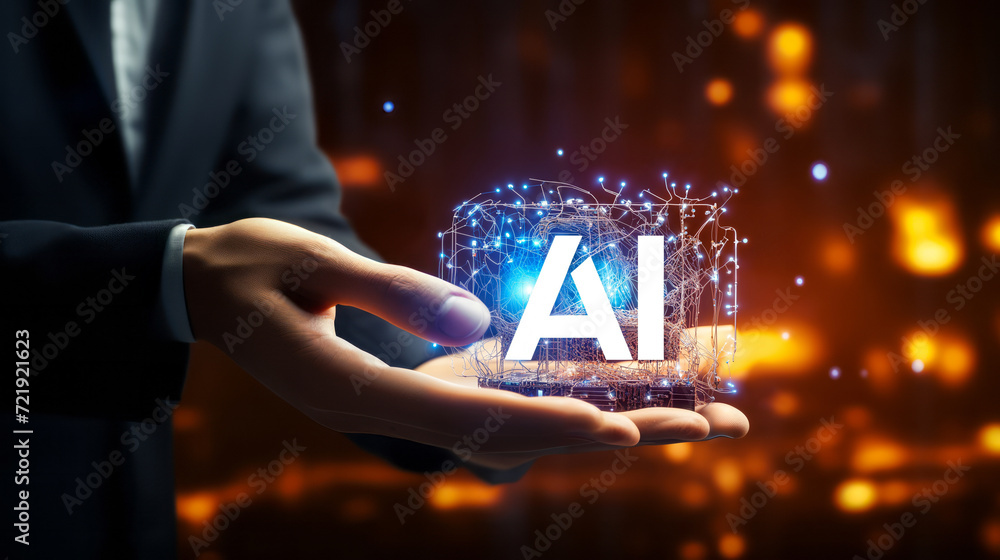 Aufkleber businessman presenting advanced artificial intelligence chip with neural network illustration, futur