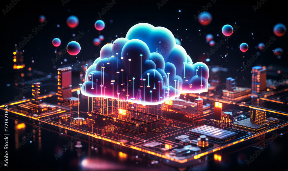 Poster neon glowing cloud computing concept with cloud icon and technology symbols on dark background, repr
