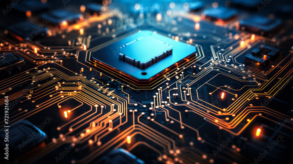 Poster intricate computer circuit board with glowing lines and electronic components forming an abstract te