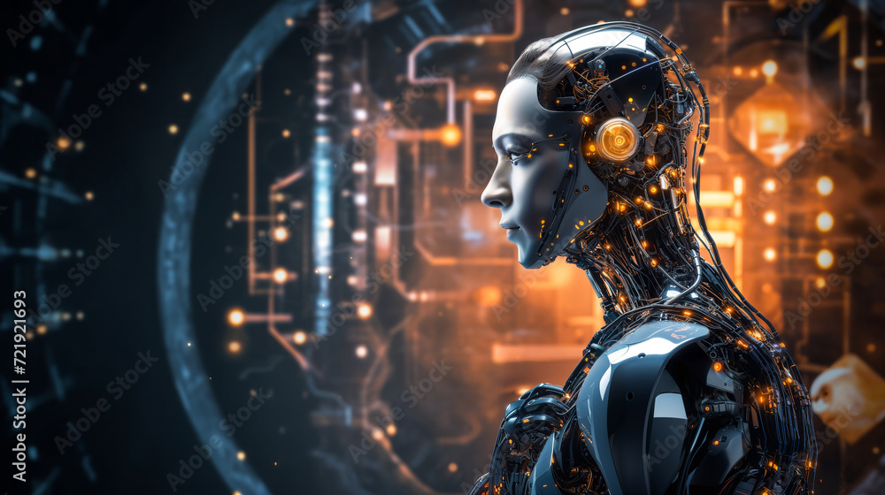 Poster contemplative humanoid robot with advanced ai features pondering against a backdrop of dynamic digit