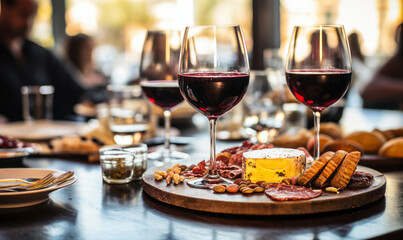 Close-up of a glass of red wine on a bar table with blurred people and charcuterie board in the background at a cozy wine tasting event