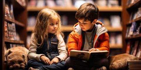 Two children lost in the world of books: a young boy and girl sitting on the floor, engrossed in reading at a cozy bookstore - obrazy, fototapety, plakaty