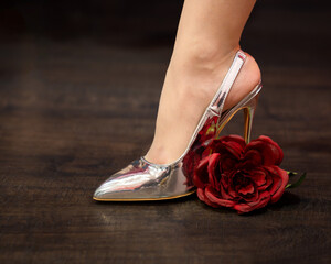 a woman's legs in high heels with a rose