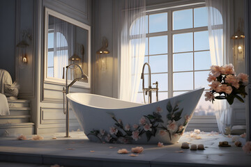 A bathroom featuring a unique bathtub
