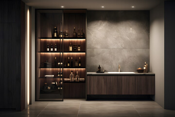 A bathroom with a wine fridge - obrazy, fototapety, plakaty