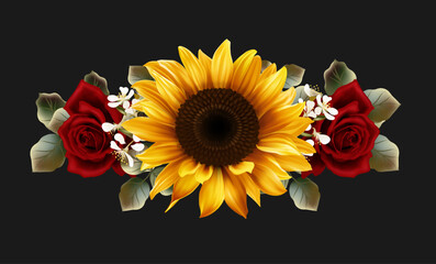 Floral composition with sunflower and two red roses
