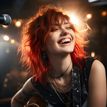 Happy Redhead Female Guitarist in Concert