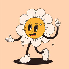 Groovy daisy flower mascot. Funky retro character. cartoon flower, smiling, walking. Funny vintage trendy style character. Doodle Comic collection