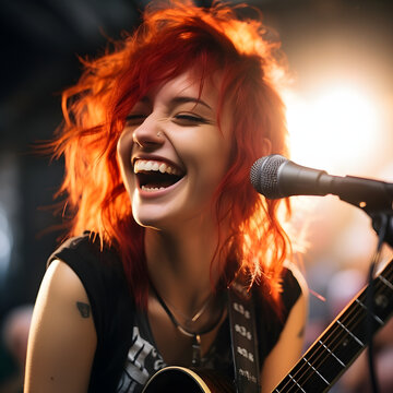 A Red-Haired Female Musician Sings While Playing Guitar. Young Woman Playing Guitar Passionately
