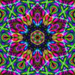 Fototapeta na wymiar Abstract colorful mandala background. Vibrant mandala pattern in laser light, color scheme, abstract background for various projects.