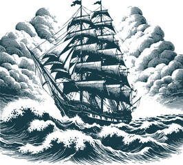 vintage wooden sailing ship sailing in bad storm weather vector engraving on a white background - obrazy, fototapety, plakaty
