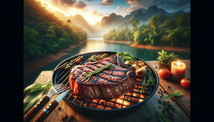 Beef Steak food is served outdoors with beautiful views