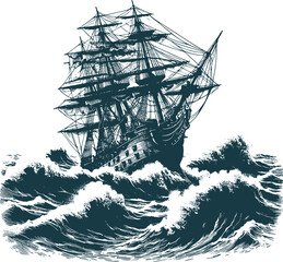 Old wooden sailing ship in harsh weather vector engraving on white - obrazy, fototapety, plakaty