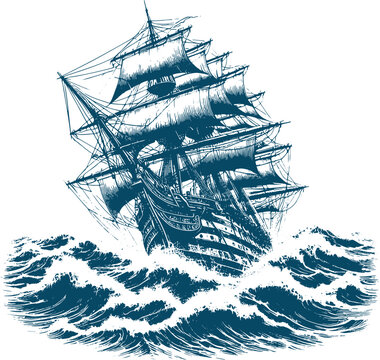recommend clip art: Timber sailing ship enduring a tempest vector illustration against a white