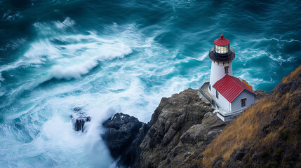 Mystischer nachdenklicher Ort in der Natur mit Nebel Wald und Bäumen im Nebel sowie Leuchtturm am Wasser mit Sturm Generative AI