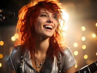 Fototapeta premium Beautiful Redhead Rockstar Woman Playing Guitar