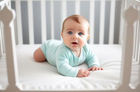 Beautiful smiling cute baby in baby bed looking at camera. Beautiful expressive adorable happy cute baby infant face. Children, people, infancy and age concept beautiful happy baby