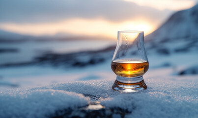 Single malt whisky in a tulip glass set upon snowy terrain with a soft glow of the sunset in a winter landscape. Design for exclusive spirit labels and winter travel experiences