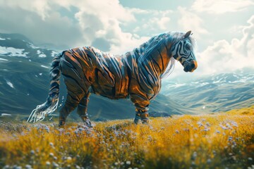Fototapeta na wymiar Amidst a vast green field, a majestic zebra gazes at the sky, its striking stripes blending with the fluffy white clouds, embodying the raw beauty and freedom of nature