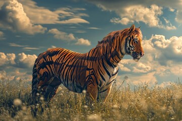 Fototapeta na wymiar A majestic siberian tiger stands tall in a field, surrounded by vibrant green grass and wildflowers, its gaze fixed on a group of zebras grazing peacefully nearby under the expansive blue sky dotted 