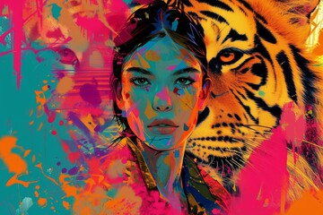 A captivating painting of a woman with a fierce tiger, beautifully blending human and animal features to portray the powerful connection between humans and the wild