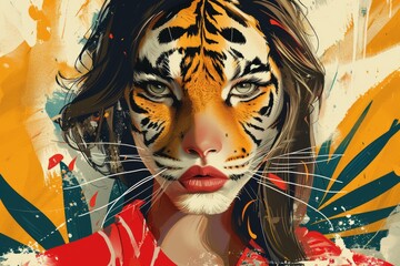 A captivating painting of a woman with a fierce bengal tiger face, blending the beauty and strength of both human and animal in a stunning piece of art