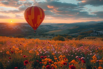 Couple enjoying a scenic hot air balloon ride over a field of wildflowers