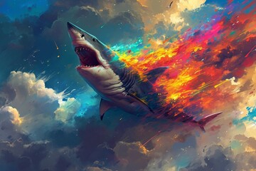 A fiery shark glides through an underwater reef, its fierce expression and glowing mouth capturing the raw power and beauty of marine life in this striking acrylic painting