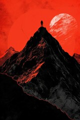 A solitary figure takes in the fiery splendor of a red sunset atop a majestic mountain, surrounded by the raw power of a volcanic landscape and the untamed beauty of nature