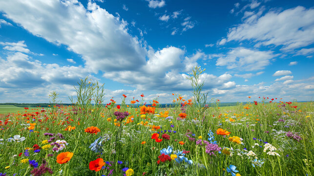 Bl&uuml;hende Wiese im Fr&uuml;hling mit Wiesenblumen in der Natur Generative AI