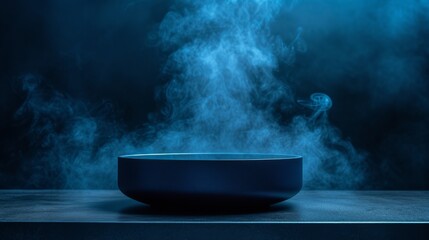 dark blue background The scene was empty and breathtaking, with smoke rising from below. Create a captivating environment to showcase your products. - obrazy, fototapety, plakaty