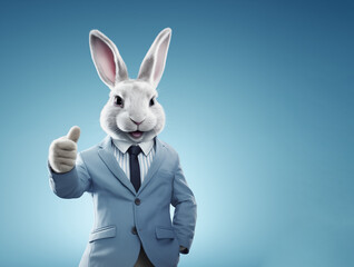 Happy rabbit dressed in a business suit giving thumbs up