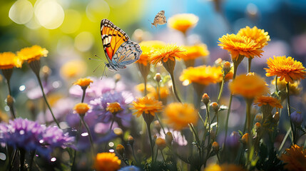Joyful Summer Meadow: Santolina Flowers and Butterflies Dance Under the Sunlight in Vivid Macro Beauty
