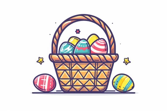 A whimsical cartoon illustration of a basket overflowing with colorful eggs, captured in charming clipart style